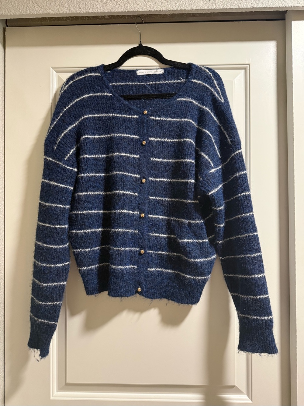 Altar'd State Navy and White Striped Button Cardigan